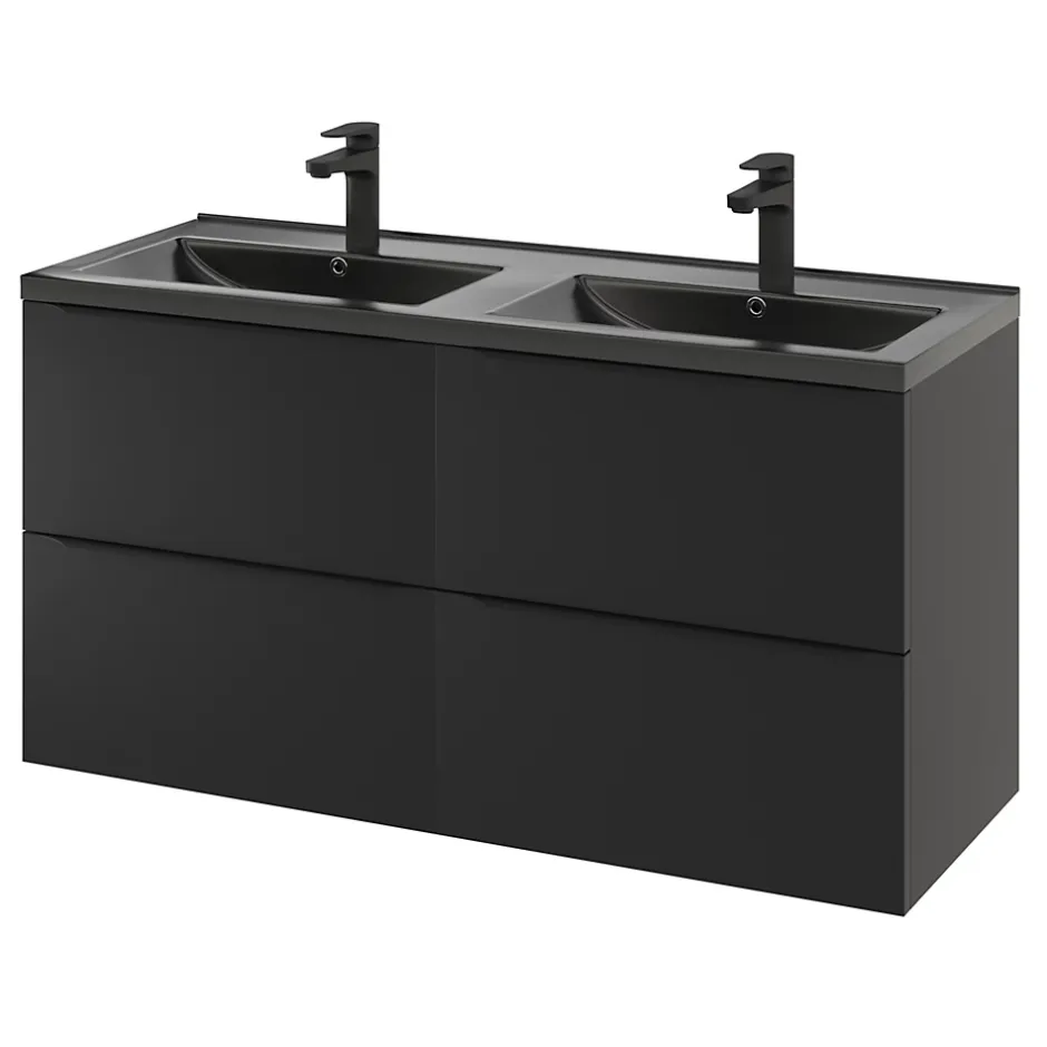 GoodHome Meuble vasque suspendu noir mat l.120 cm Imandra + plan double vasque noir céramique Nira,* Meuble Vasque