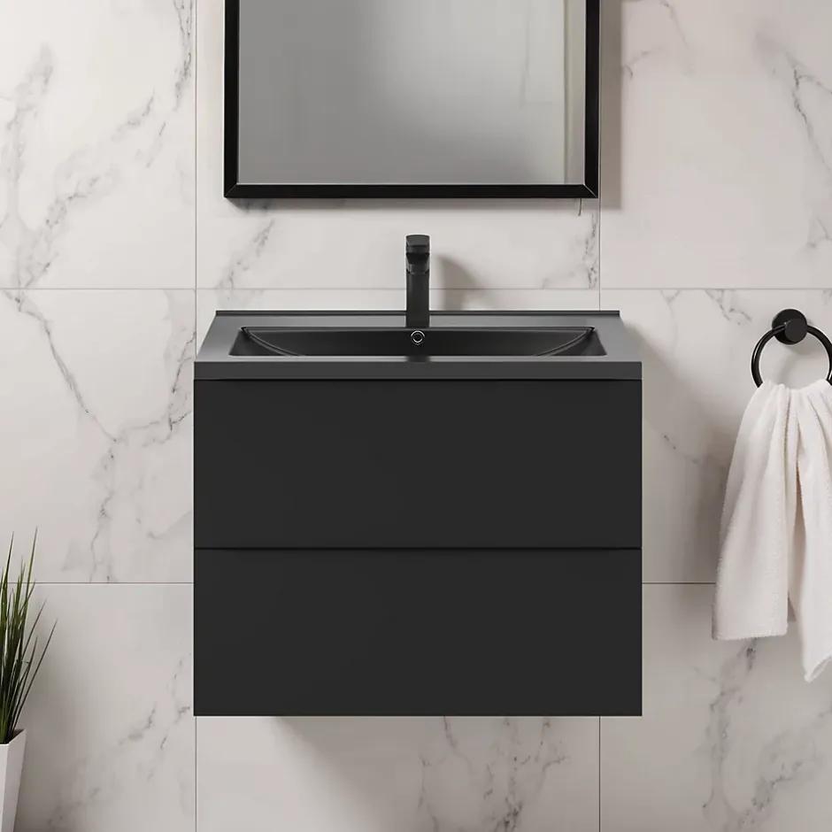 GoodHome Meuble vasque suspendu noir mat l.80 cm Imandra + plan vasque noir céramique Nira,* Meuble Vasque