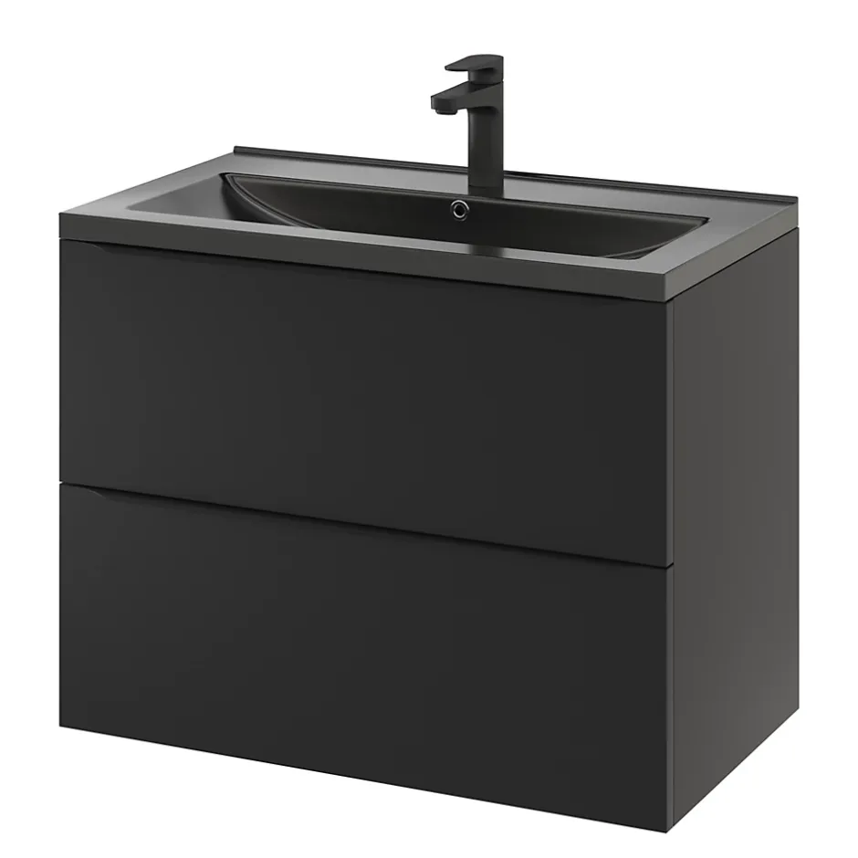 GoodHome Meuble vasque suspendu noir mat l.80 cm Imandra + plan vasque noir céramique Nira,* Meuble Vasque