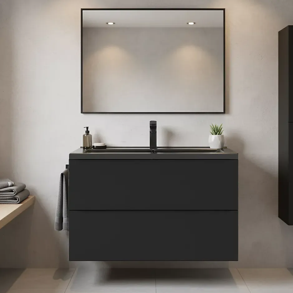 GoodHome Meuble vasque suspendu noir mat l.100 cm Imandra + plan vasque noir céramique Nira,