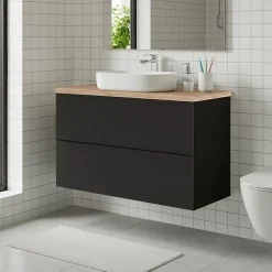 GoodHome Meuble vasque suspendu noir mat l.100 cm Imandra + plan de toilette effet chêne,* Meuble Vasque|Meuble Buanderie
