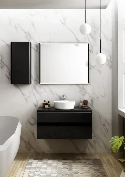 Ipiemme SRL Meuble vasque suspendu noir mat et verre fumé l.90 cm + plan de toilette noir mat, Pura+