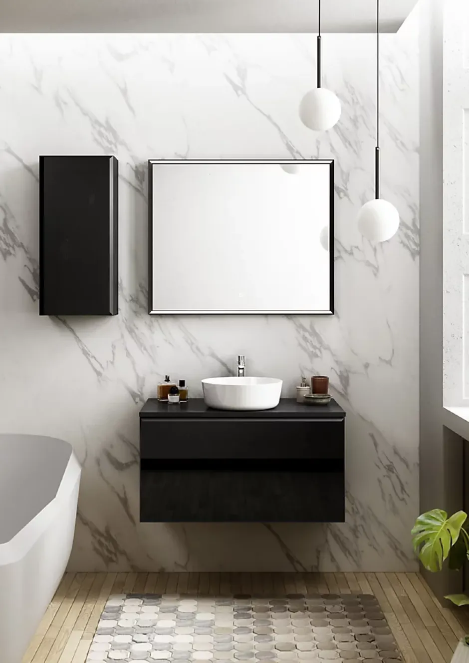 Ipiemme SRL Meuble vasque suspendu noir mat et verre fumé l.90 cm + plan de toilette noir mat, Pura+