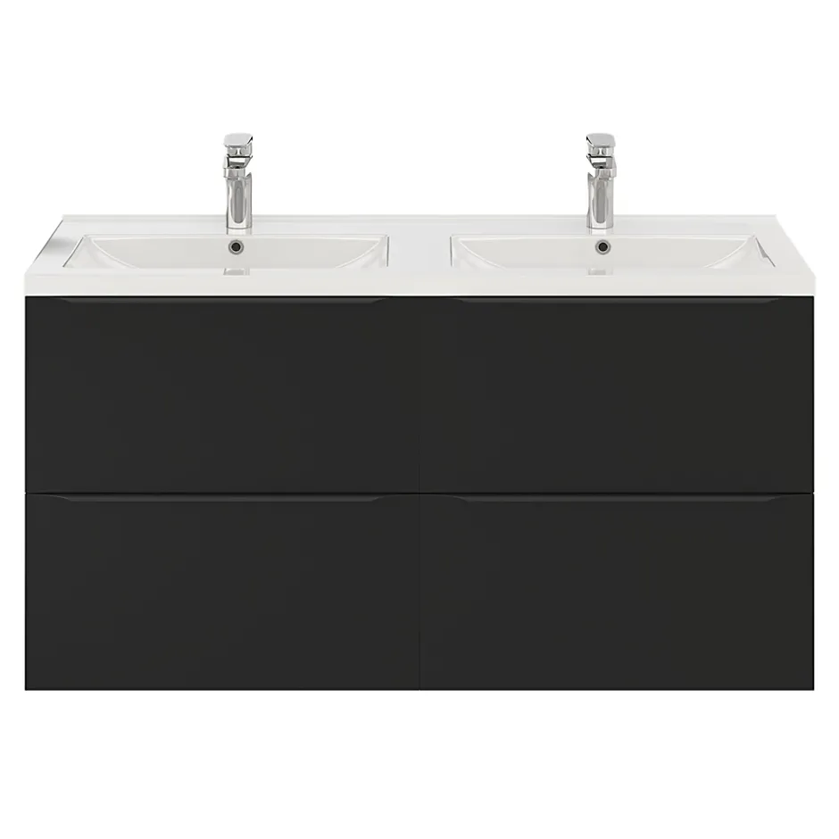 GoodHome Meuble vasque suspendu noir mat l.120 cm Imandra + plan double vasque blanc céramique Nira,* Meuble Vasque