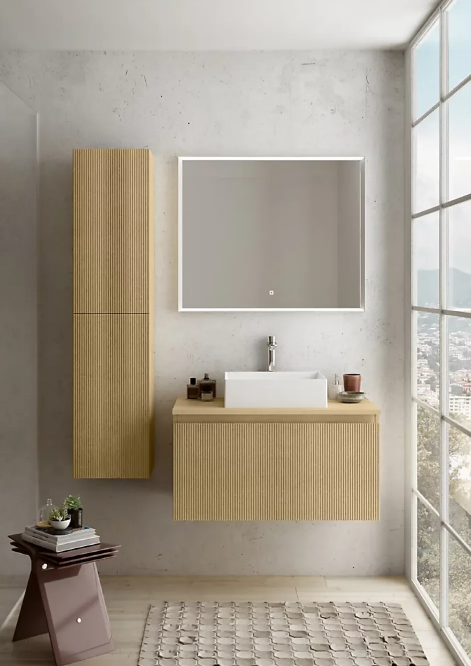 Ipiemme SRL Meuble vasque suspendu plaqué chêne miel strié l.90 cm + plan de toilette plaqué chêne miel, Pura+* Meuble Buanderie