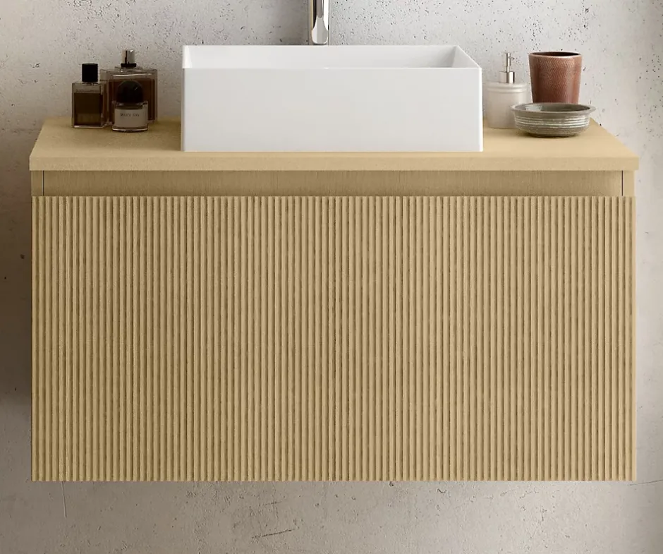 Ipiemme SRL Meuble vasque suspendu plaqué chêne miel strié l.90 cm + plan de toilette plaqué chêne miel, Pura+* Meuble Buanderie