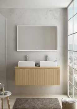 Ipiemme SRL Meuble vasque suspendu plaqué chêne miel strié l.120 cm + plan de toilette plaqué chêne miel pour 2 vasques, Pura+