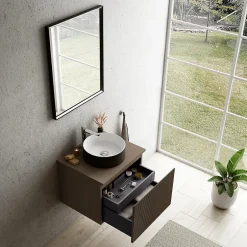 Ipiemme SRL Meuble vasque suspendu plaqué noyer strié l.60 cm + plan de toilette plaqué noyer, Pura+* Meuble Buanderie