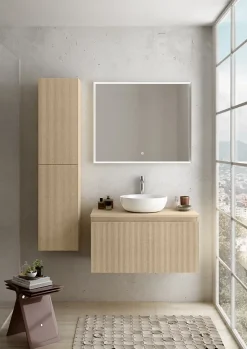 Ipiemme SRL Meuble vasque suspendu plaqué chêne clair strié l.90 cm + plan de toilette plaqué chêne clair, Pura+