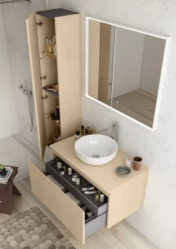 Ipiemme SRL Meuble vasque suspendu plaqué chêne clair strié l.90 cm + plan de toilette plaqué chêne clair, Pura+