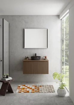 Ipiemme SRL Meuble vasque suspendu plaqué noyer strié l.90 cm + plan de toilette plaqué noyer, Pura+