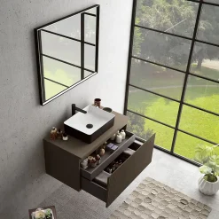 Ipiemme SRL Meuble vasque suspendu plaqué noyer strié l.90 cm + plan de toilette plaqué noyer, Pura+