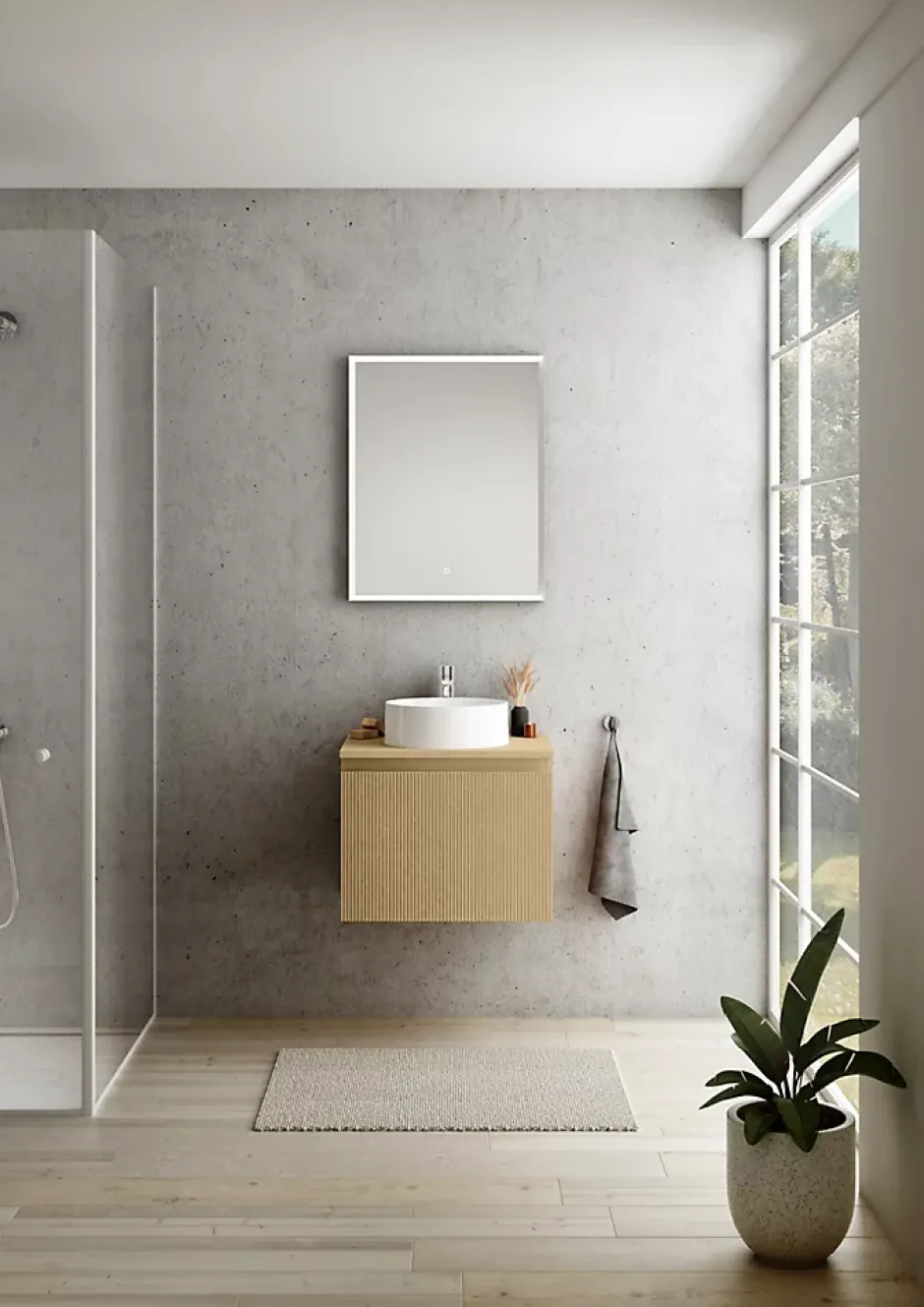 Ipiemme SRL Meuble vasque suspendu plaqué chêne miel strié l.60 cm + plan de toilette plaqué chêne miel, Pura+