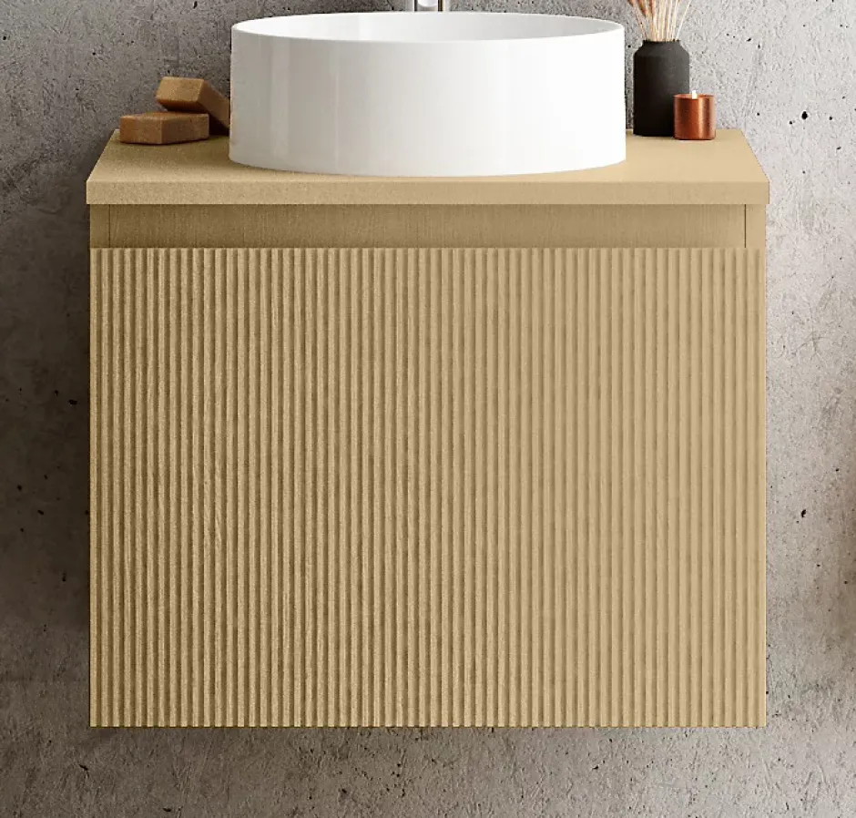 Ipiemme SRL Meuble vasque suspendu plaqué chêne miel strié l.60 cm + plan de toilette plaqué chêne miel, Pura+