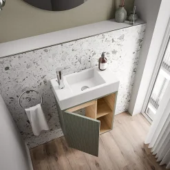 Bernstein Meuble vasque Vert Jade mat de salle de bain 55x24x59cm (LxPxH) 1 porte à gauche + 2 cases rangement - BELDIVO* Lave-Mains