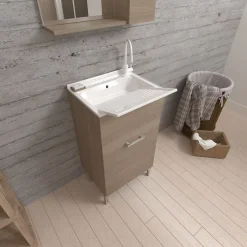 Kiamami Valentina Meuble Évier 45Cm Chêne Naturel Avec Bac Et Planche À Laver - Pratico* Armoire De Salle De Bains