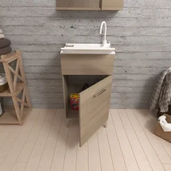 Kiamami Valentina Meuble Évier 45Cm Chêne Naturel Avec Bac Et Planche À Laver - Pratico* Armoire De Salle De Bains