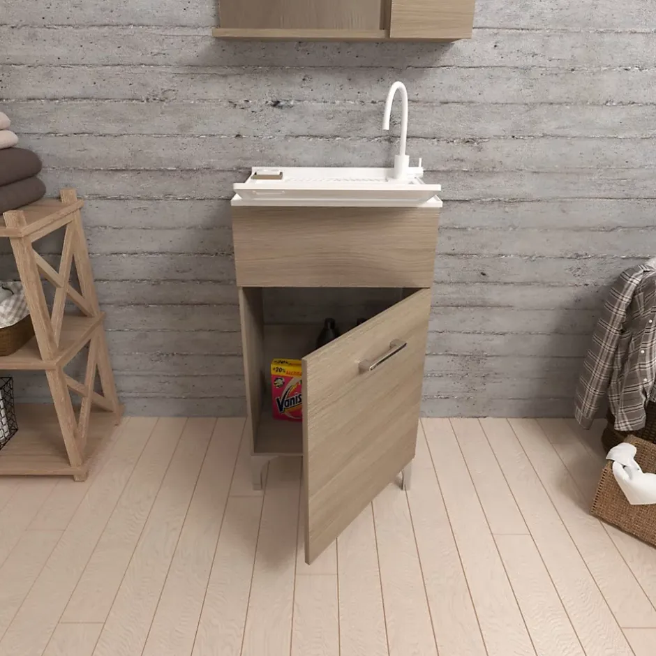 Kiamami Valentina Meuble Évier 45Cm Chêne Naturel Avec Bac Et Planche À Laver - Pratico* Armoire De Salle De Bains