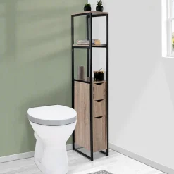 IDMarket Meuble WC 3 portes DETROIT design industriel avec étagères* Meuble De Salle De Bains Faible Profondeur|Meuble Wc