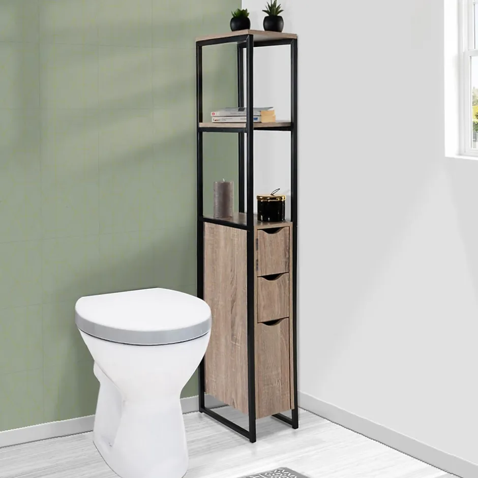 IDMarket Meuble WC 3 portes DETROIT design industriel avec étagères* Meuble De Salle De Bains Faible Profondeur|Meuble Wc