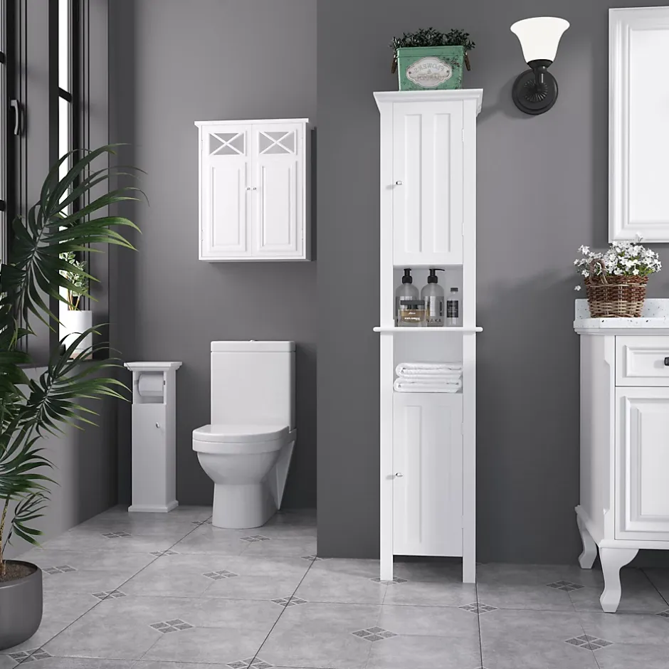 kleankin Meuble WC armoire toilette - porte, support papier - dim. 21L x 17l x 66H cm - blanc* Meuble Wc