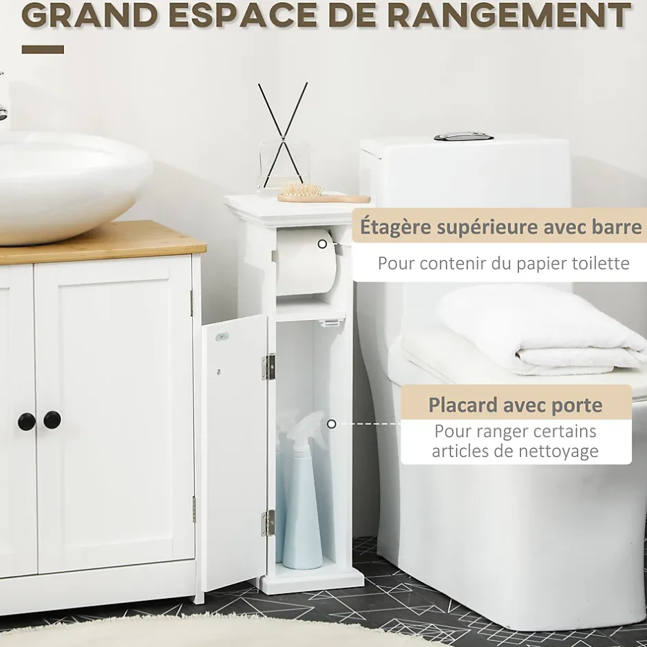 kleankin Meuble WC armoire toilette - porte, support papier - dim. 21L x 17l x 66H cm - blanc* Meuble Wc