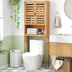 Giantex Meuble WC Au Dessus des Toilettes Etagère Haute avec Portes à Persiennes Meuble de Salle de Bain en Bambou* Meuble Wc