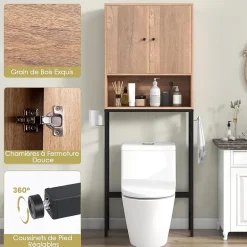 Giantex Meuble WC Au Dessus des Toilettes Meuble de Salle De Bain avec Armoire à Double Porte Compartiment Ouvert Naturel