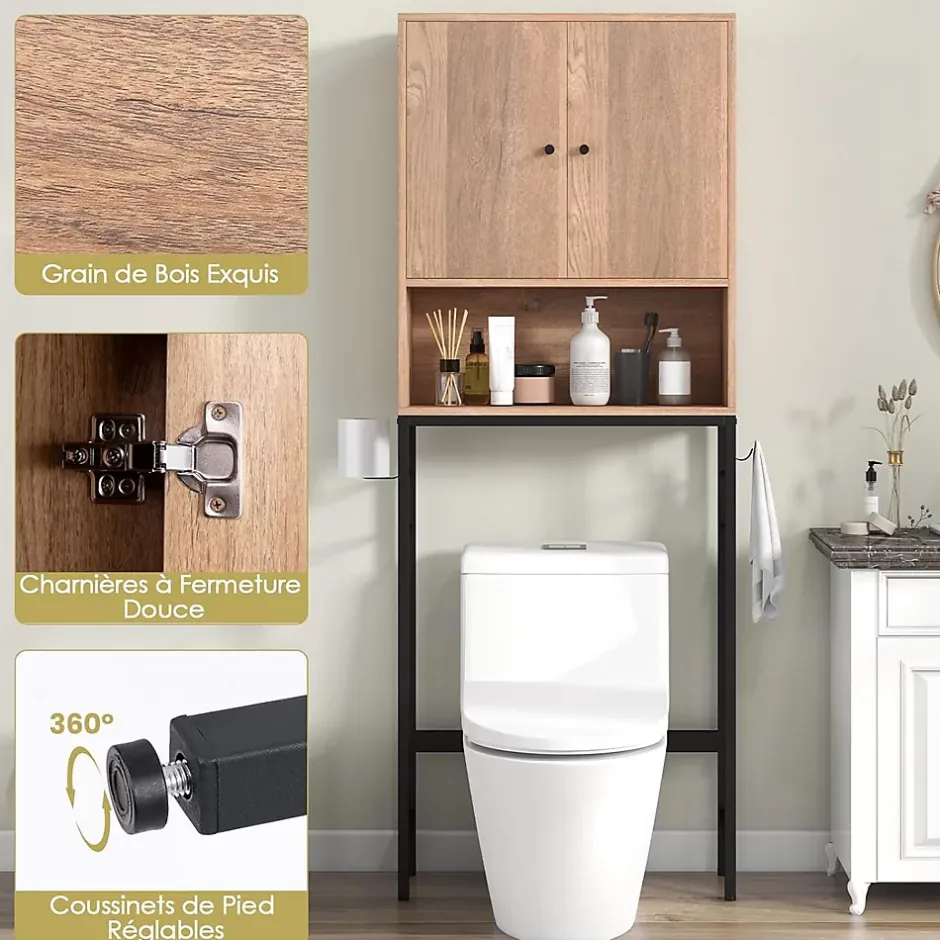 Giantex Meuble WC Au Dessus des Toilettes Meuble de Salle De Bain avec Armoire à Double Porte Compartiment Ouvert Naturel