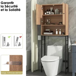 Giantex Meuble WC Au Dessus des Toilettes Meuble de Salle De Bain avec Armoire à Double Porte Compartiment Ouvert Naturel