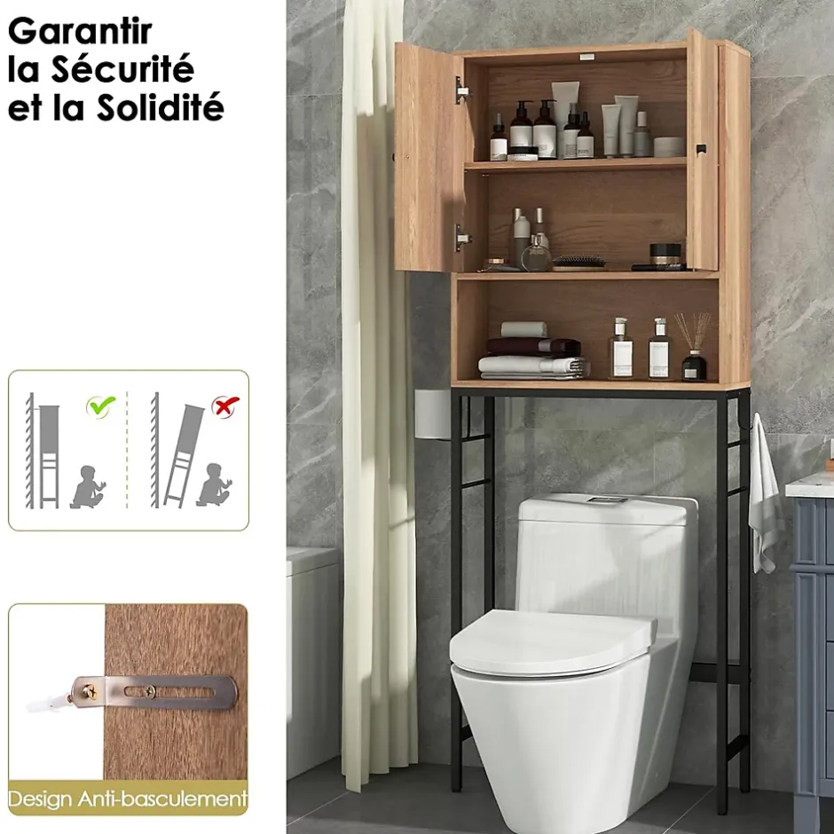 Giantex Meuble WC Au Dessus des Toilettes Meuble de Salle De Bain avec Armoire à Double Porte Compartiment Ouvert Naturel