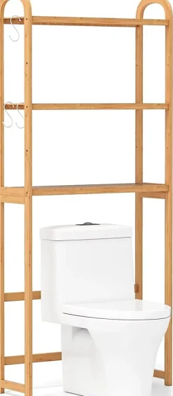 Giantex Meuble WC au-Dessus des Toilettes,en Bambou à 3 Niveaux avec 3 Crochets, Étagères et Barres à 3 Niveaux en Métal,71.5x25x166 cm* Etagère Salle De Bains