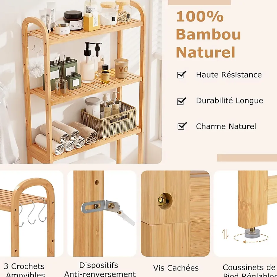 Giantex Meuble WC au-Dessus des Toilettes,en Bambou à 3 Niveaux avec 3 Crochets, Étagères et Barres à 3 Niveaux en Métal,71.5x25x166 cm* Etagère Salle De Bains