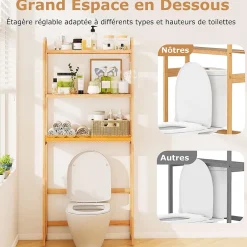 Giantex Meuble WC au-Dessus des Toilettes,en Bambou à 3 Niveaux avec 3 Crochets, Étagères et Barres à 3 Niveaux en Métal,71.5x25x166 cm* Etagère Salle De Bains