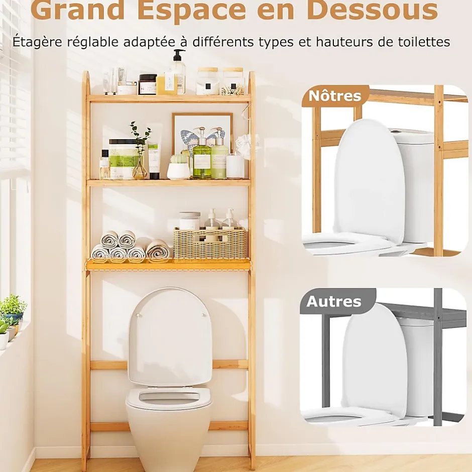 Giantex Meuble WC au-Dessus des Toilettes,en Bambou à 3 Niveaux avec 3 Crochets, Étagères et Barres à 3 Niveaux en Métal,71.5x25x166 cm* Etagère Salle De Bains