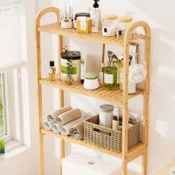 Giantex Meuble WC au-Dessus des Toilettes,en Bambou à 3 Niveaux avec 3 Crochets, Étagères et Barres à 3 Niveaux en Métal,71.5x25x166 cm* Etagère Salle De Bains