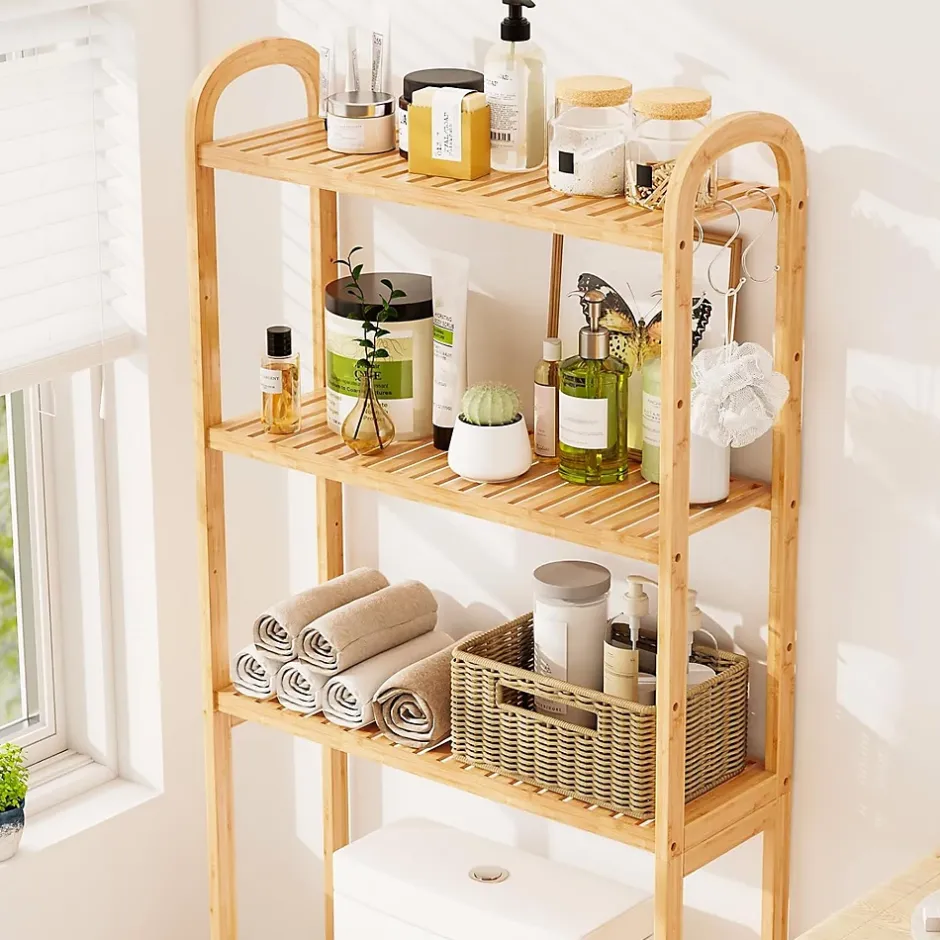 Giantex Meuble WC au-Dessus des Toilettes,en Bambou à 3 Niveaux avec 3 Crochets, Étagères et Barres à 3 Niveaux en Métal,71.5x25x166 cm* Etagère Salle De Bains