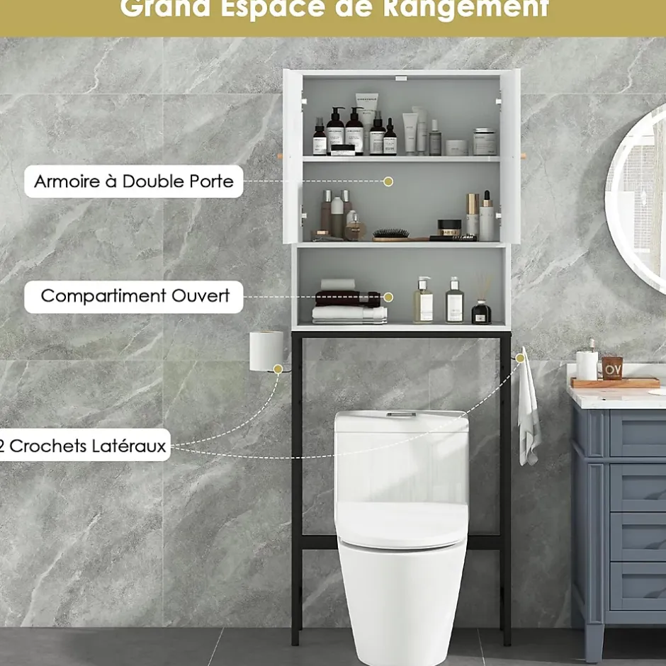 Giantex Meuble WC Au-Dessus des Toilettes Meuble de Salle De Bain avec Armoire à Double Porte Compartiment Ouvert Blanc