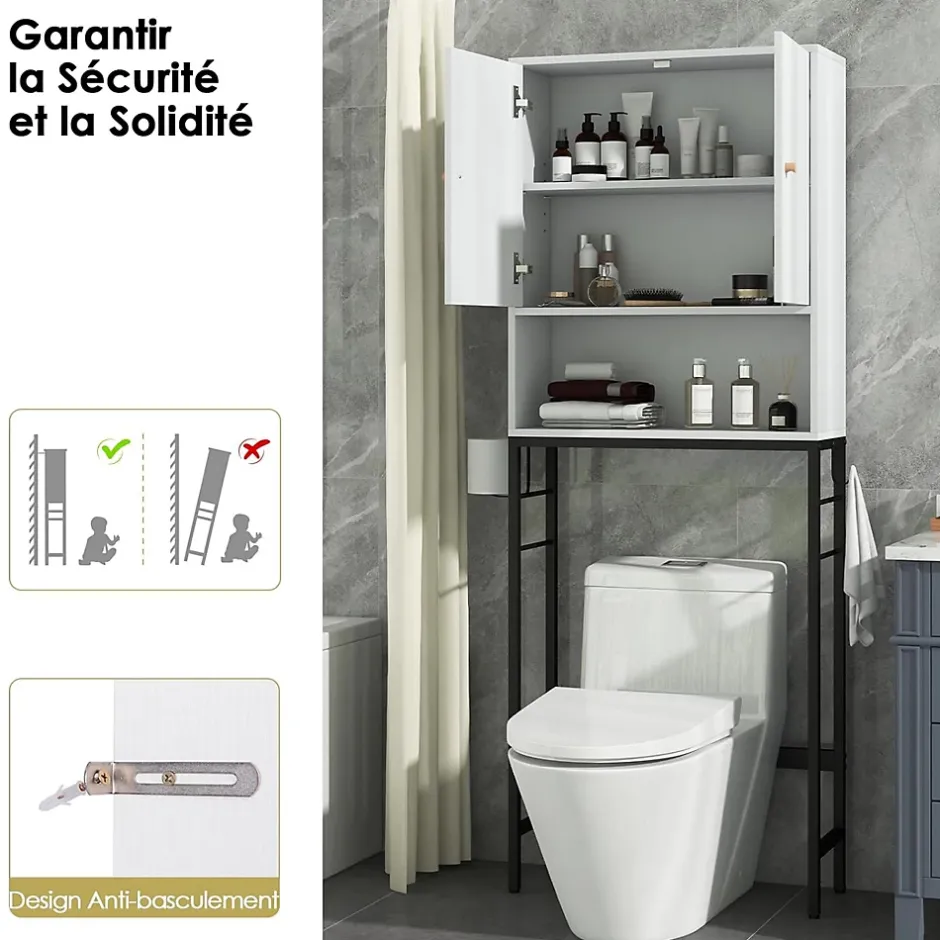 Giantex Meuble WC Au-Dessus des Toilettes Meuble de Salle De Bain avec Armoire à Double Porte Compartiment Ouvert Blanc