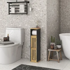Homcom Meuble WC avec support papier toilette - porte, étagère - MDF noir bambou verni* Meuble Wc