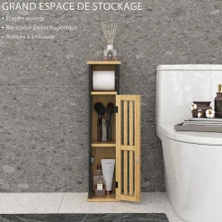 Homcom Meuble WC avec support papier toilette - porte, étagère - MDF noir bambou verni* Meuble Wc