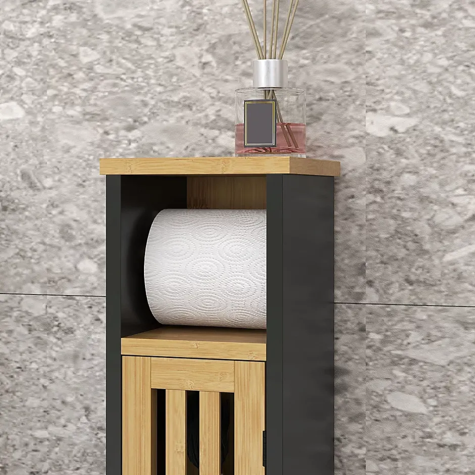 Homcom Meuble WC avec support papier toilette - porte, étagère - MDF noir bambou verni* Meuble Wc