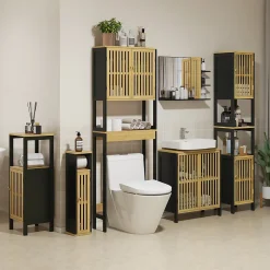 Homcom Meuble WC avec support papier toilette - porte, étagère - MDF noir bambou verni* Meuble Wc