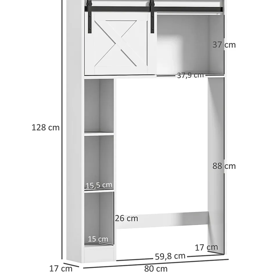 Homcom Meuble WC dessus de toilette meuble toilettes - porte coulissante, 6 compartiments - blanc* Meuble Wc