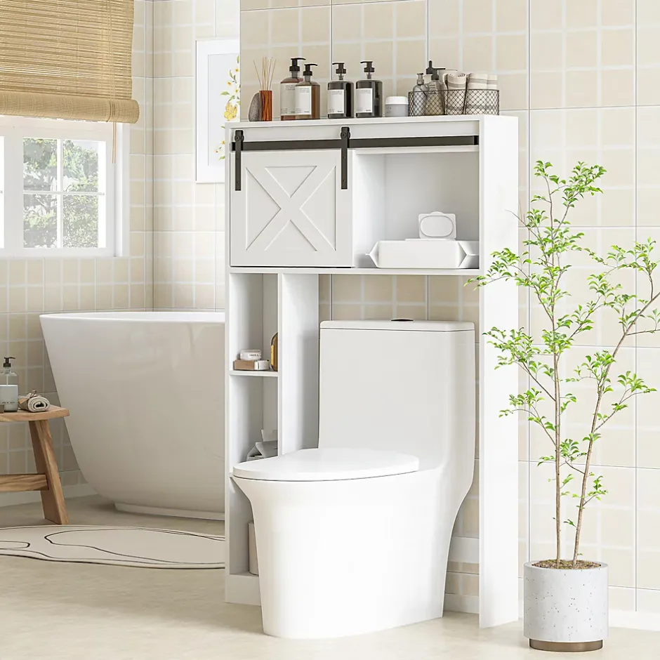Homcom Meuble WC dessus de toilette meuble toilettes - porte coulissante, 6 compartiments - blanc* Meuble Wc