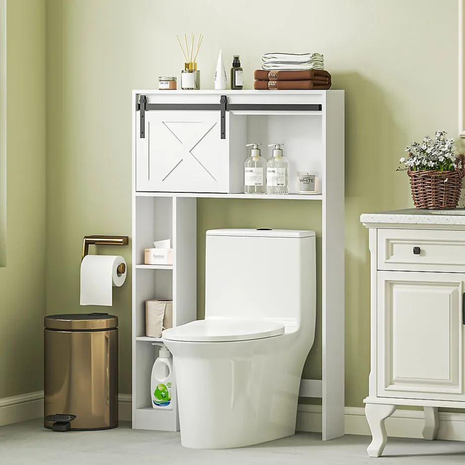 Homcom Meuble WC dessus de toilette meuble toilettes - porte coulissante, 6 compartiments - blanc* Meuble Wc