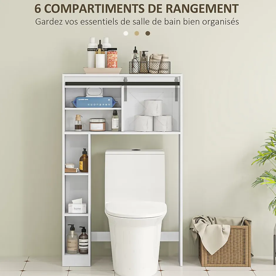 Homcom Meuble WC dessus de toilette meuble toilettes - porte coulissante, 6 compartiments - blanc* Meuble Wc