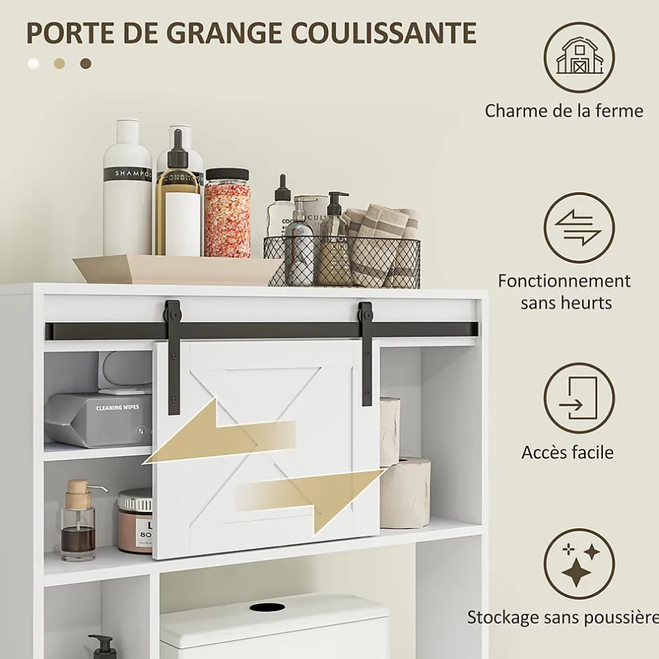 Homcom Meuble WC dessus de toilette meuble toilettes - porte coulissante, 6 compartiments - blanc* Meuble Wc