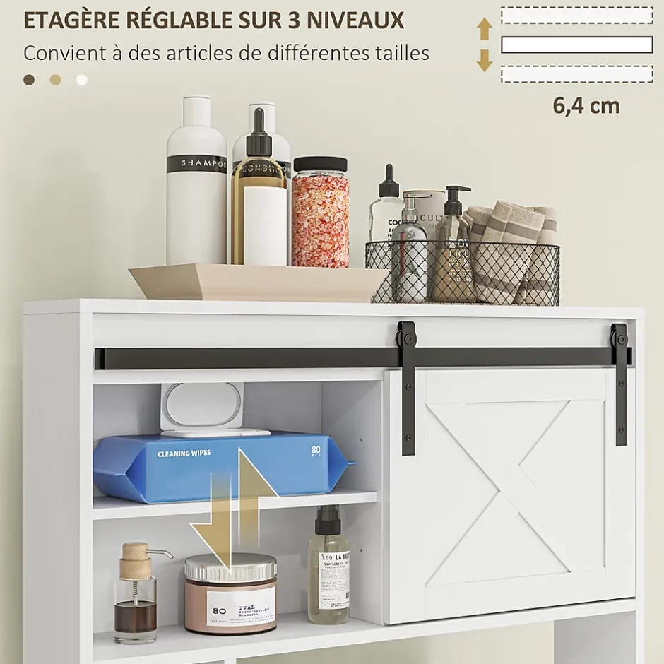 Homcom Meuble WC dessus de toilette meuble toilettes - porte coulissante, 6 compartiments - blanc* Meuble Wc