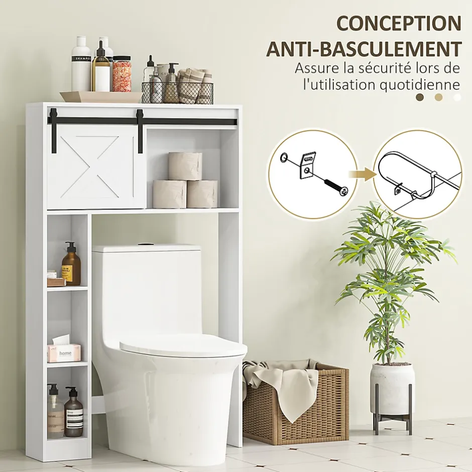 Homcom Meuble WC dessus de toilette meuble toilettes - porte coulissante, 6 compartiments - blanc* Meuble Wc